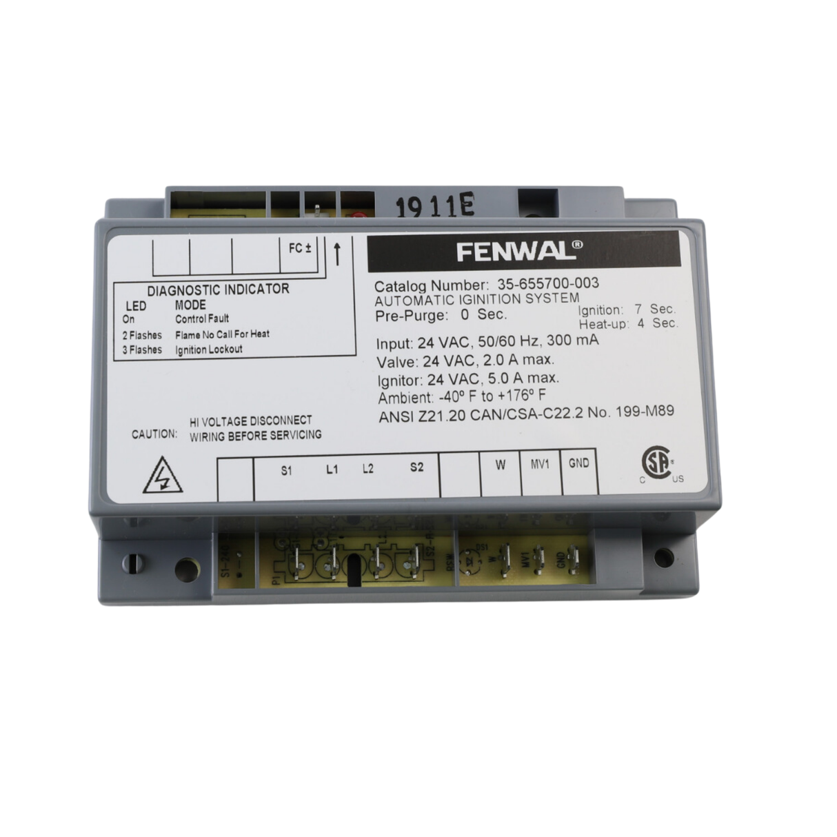 Fenwal 35-655700-003 24V, 0 Pre-Purge, 0 Inter-Purge, 7s Ignition Time, Automatic Ignition System