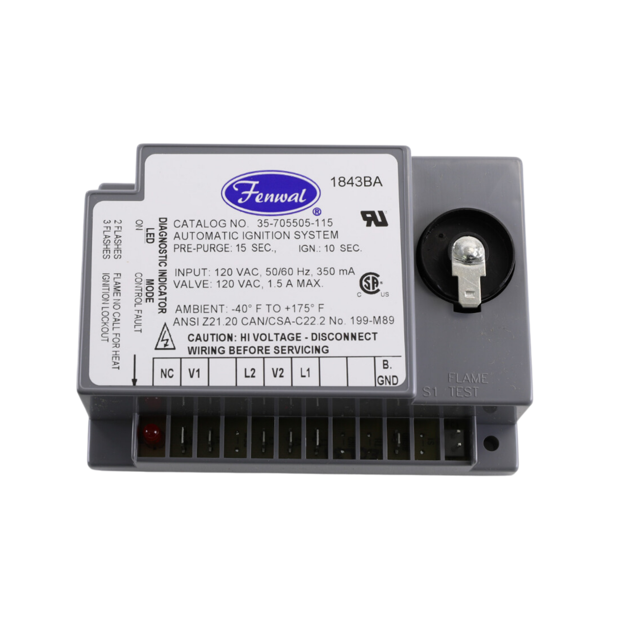 Fenwal 35-705505-115 120VAC, 15s Pre-purge, 0 Inter-purge, 10s Ignition Time, Direct, Spark Ignition Module