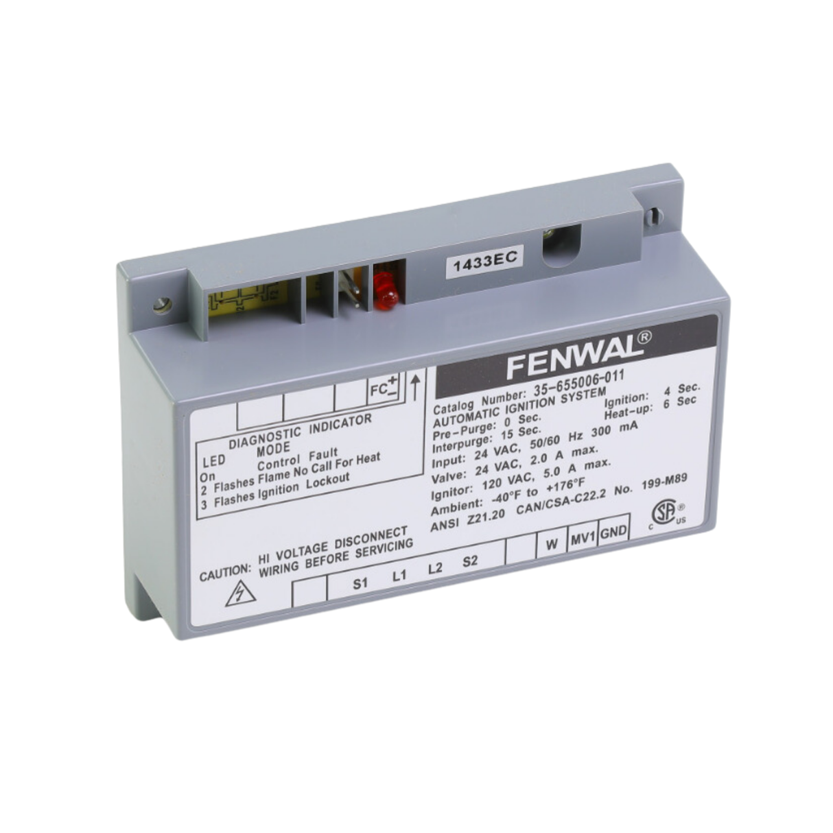 Fenwal 35-655006-011 24VAC, 0 Pre-Purge, 15s Inter-Purge, 4s Ignition Time, 6s Heat Up, Automatic Ignition System