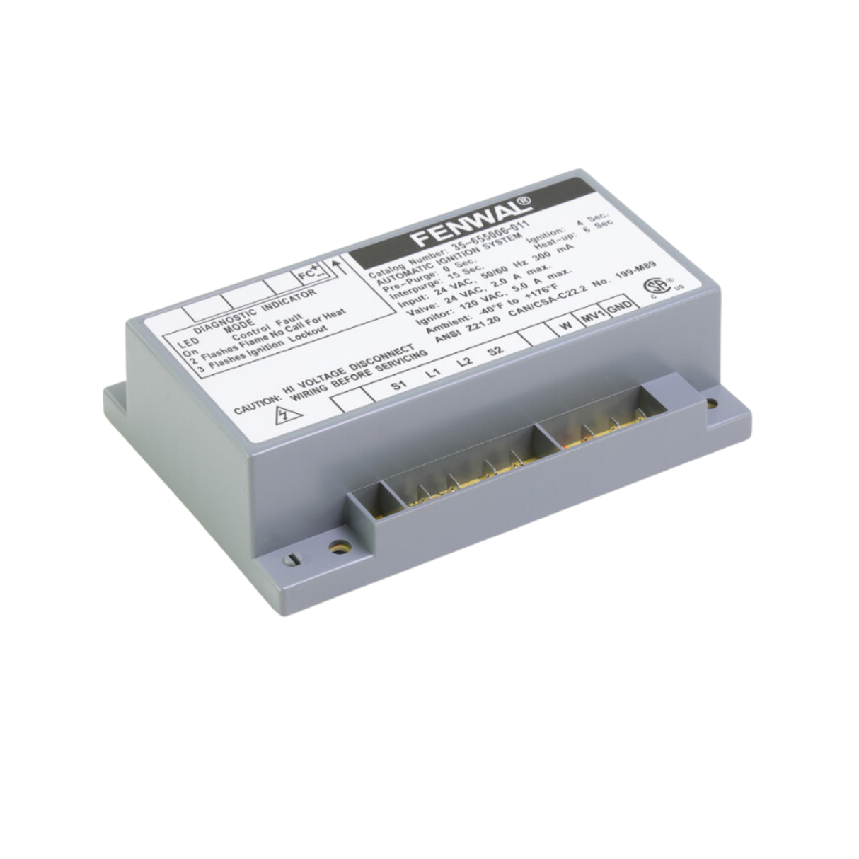 Fenwal 35-655006-011 24VAC, 0 Pre-Purge, 15s Inter-Purge, 4s Ignition Time, 6s Heat Up, Automatic Ignition System