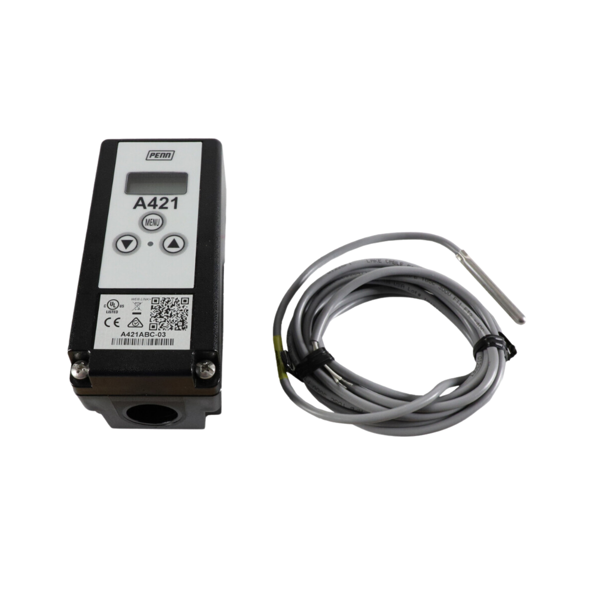 Johnson Controls A421ABC-03 120/240 VAC, Electronic, Front Panel LCD, Nema 1 Enclosure, Temperature Control with Temperature Sensor with 9.75' Cable, 2" Probe
