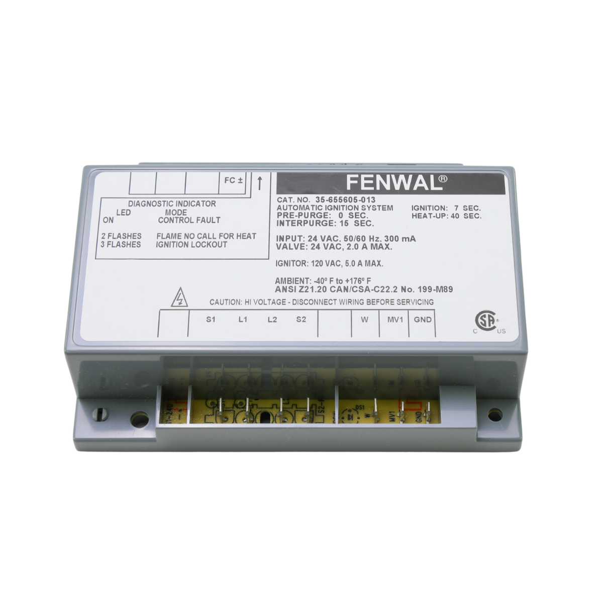 Fenwal 35-655605-013 24VAC, 0 Pre-Purge, 15s Inter-Purge, 7s Ignition Time, 40s Heat Up, Automatic Ignition System