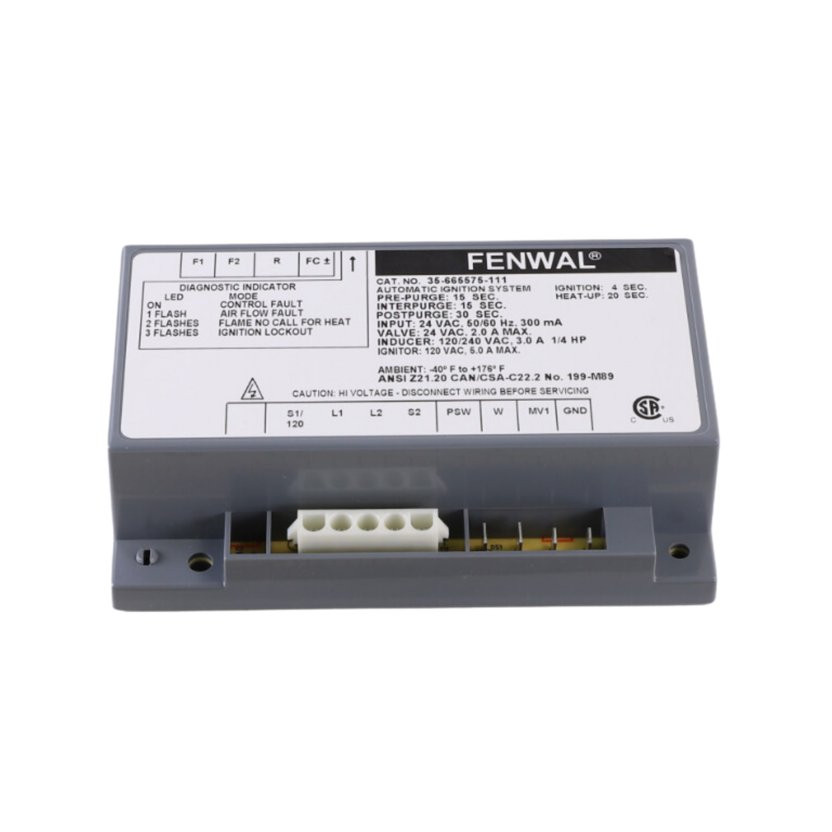 Fenwal 35-665575-111 24VAC, 15s Pre-Purge, 15s Inter-Purge, 4s Ignition Time, 20s Heat Up, Automatic Ignition System