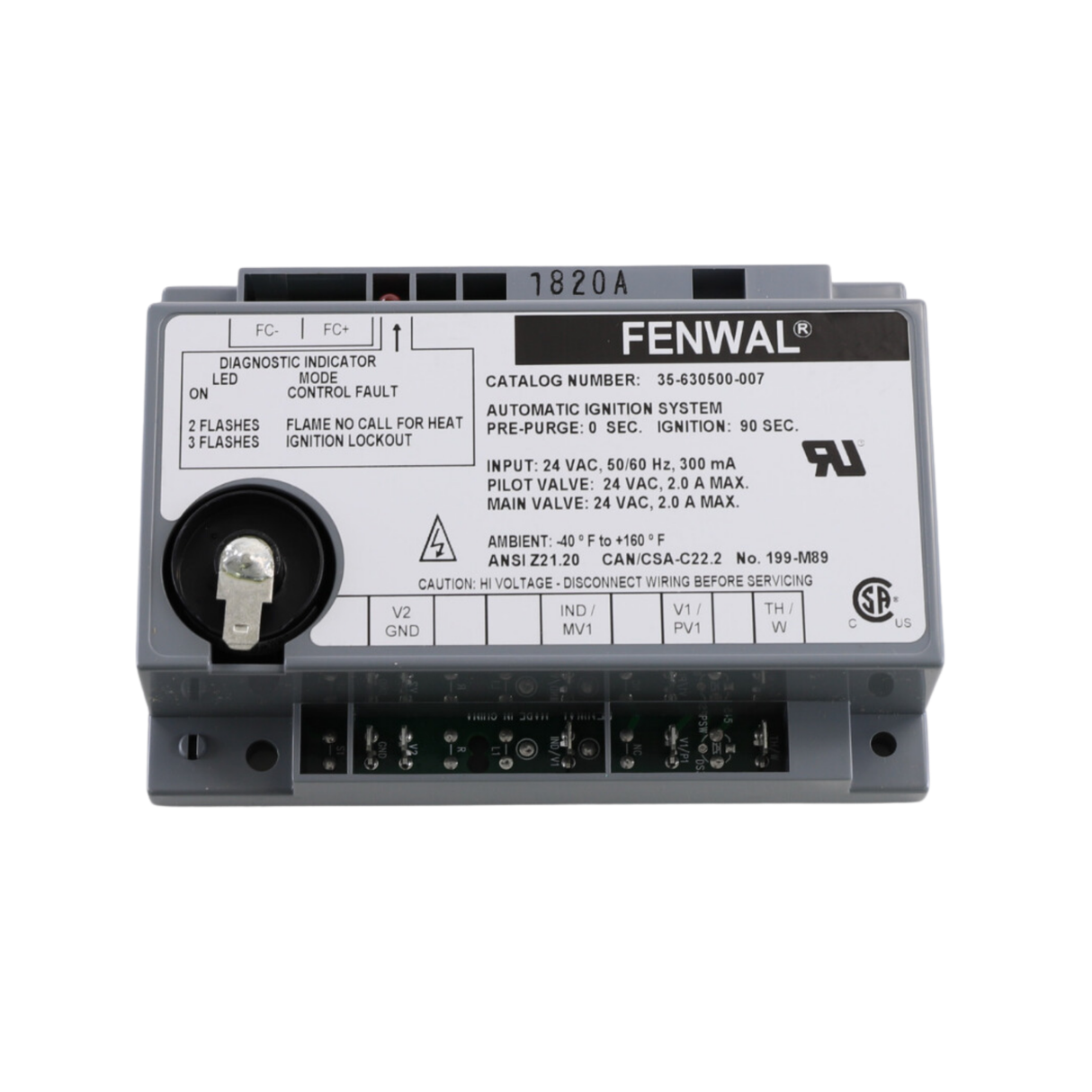 Fenwal 35-630500-007 24VAC, 0 Pre-Purge, 0 Inter-Purge, 90s Ignition Time, Spark Ignition Module