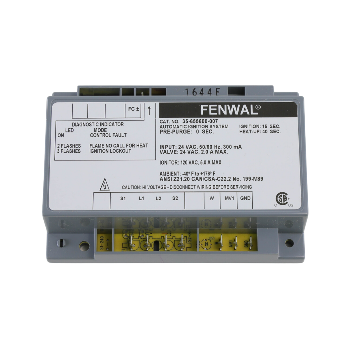 Fenwal 35-655802-007 24VAC, 0 Pre-Purge, 0 Inter-Purge, 15s Ignition Time, 40s Heat Up, HSI, Ignition Control Board