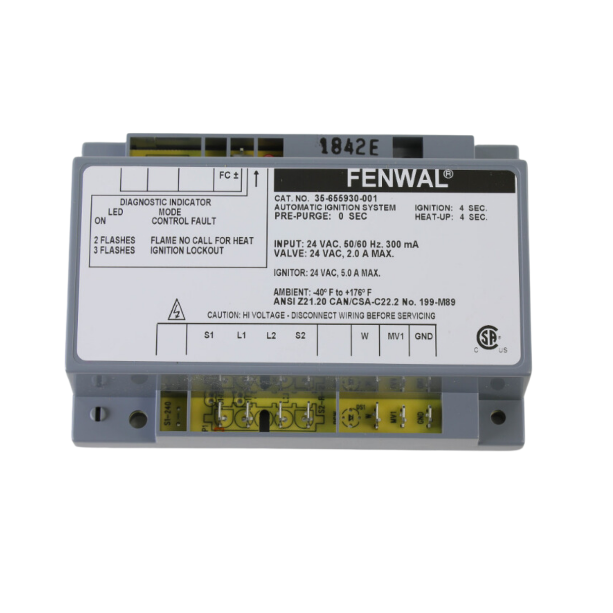 Fenwal 35-655930-001 24VAC, 0 Pre-Purge, 0 Inter-Purge, 4s Ignition Time, 4s Heat Up, Ignition Control