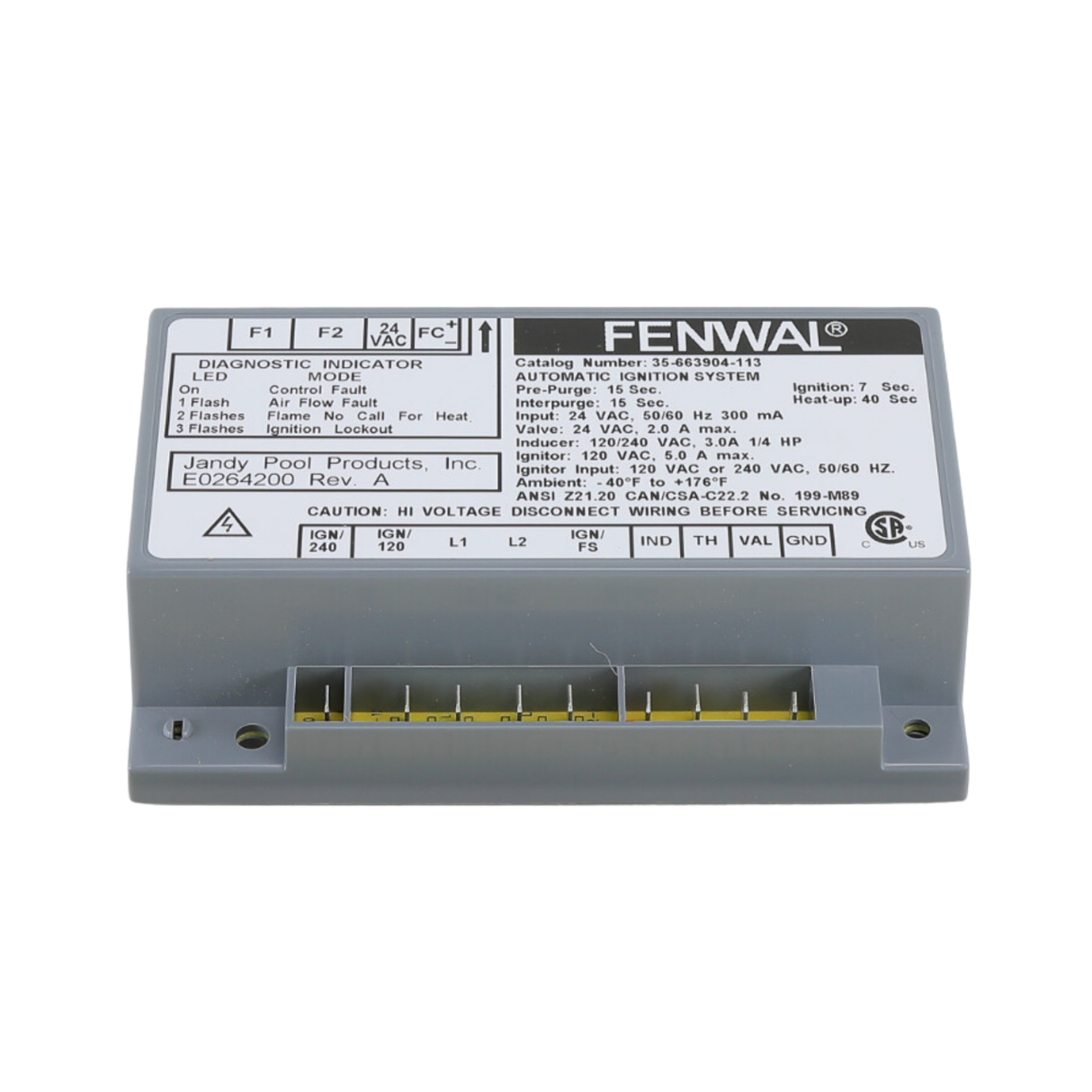 Fenwal 35-663904-113 24VAC, 15s Pre-Purge, 15s Inter-Purge, 7s Ignition Time, 40s Heat Up, Ignition Module