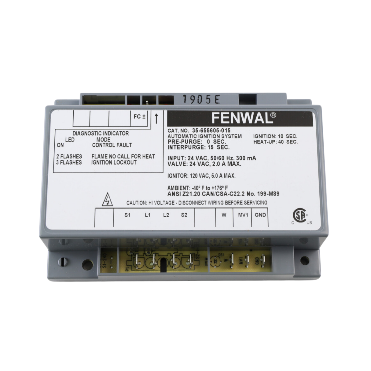 Fenwal 35-655605-015 24VAC, 0 Pre-Purge, 15s Inter-Purge, 10s Ignition Time, 40s Heat Up, HSI, Automatic Ignition System