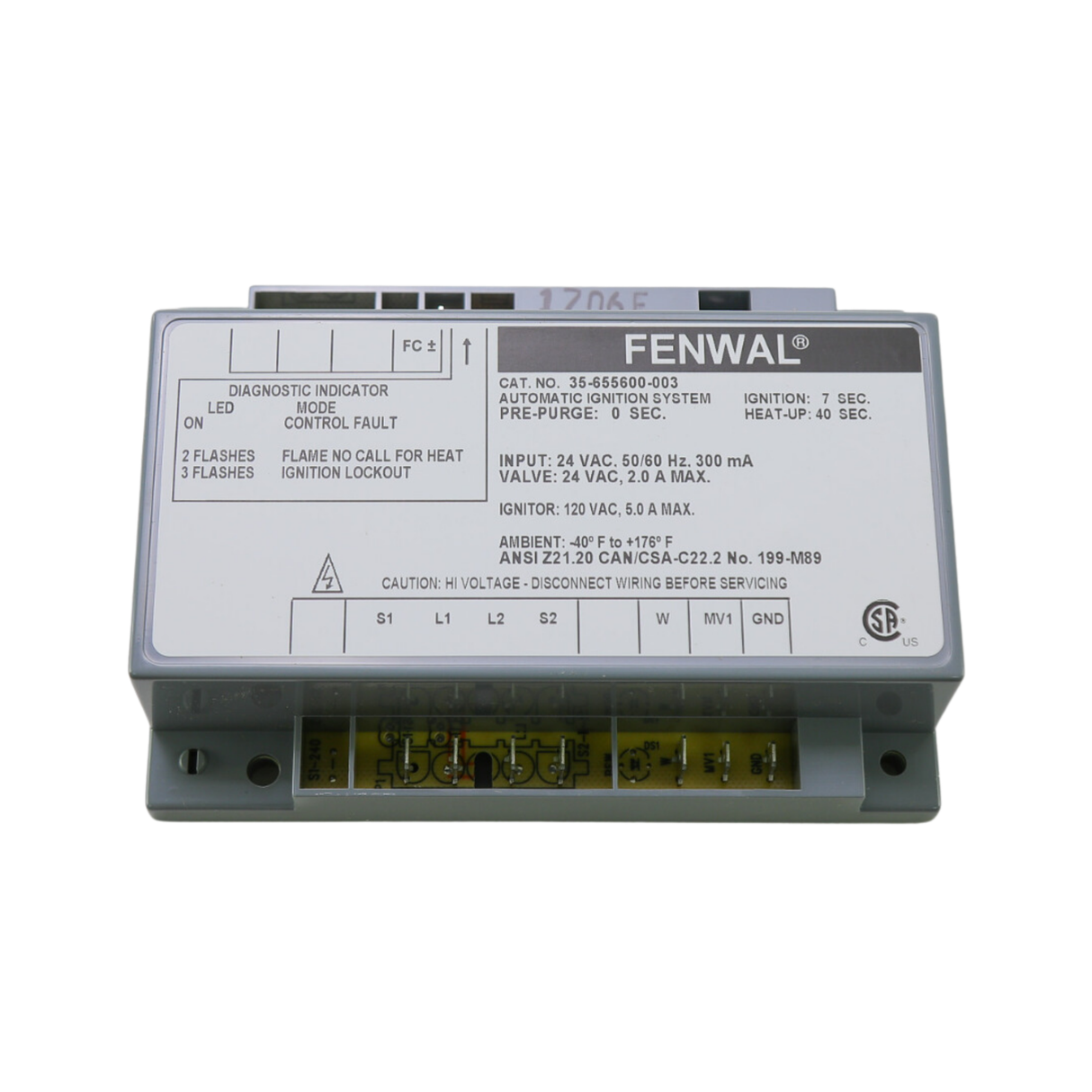 Fenwal 35-655600-003 24VAC, 0 Pre-Purge, 0 Inter-Purge, 7s Ignition Time, 40s Heat Up, HSI Automatic Ignition System