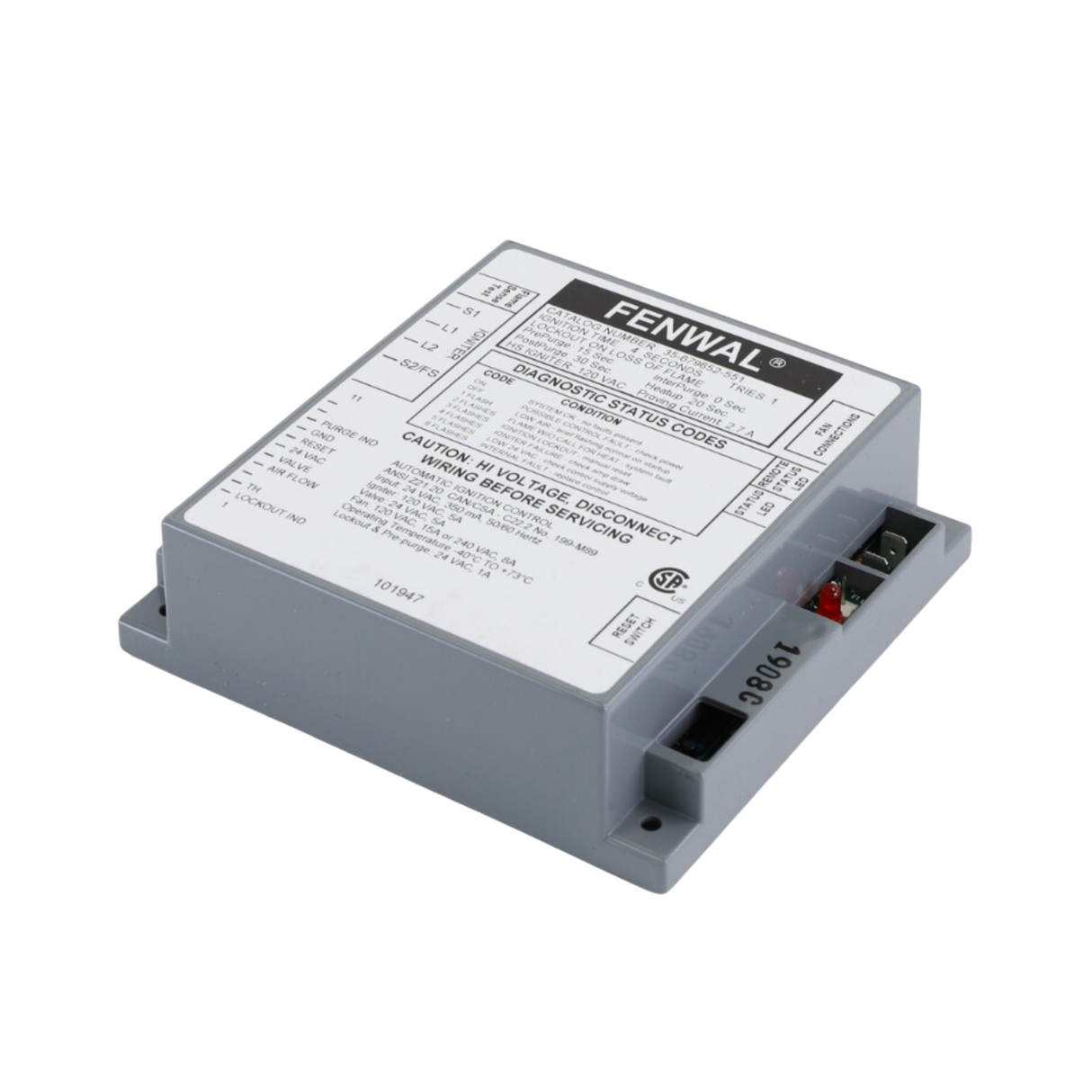 Fenwal 35-679652-551 24VAC, 15s Pre-Purge, 0 Inter-Purge, 20s Heat Up, Lock out on Loss of Flame, Ignition Control