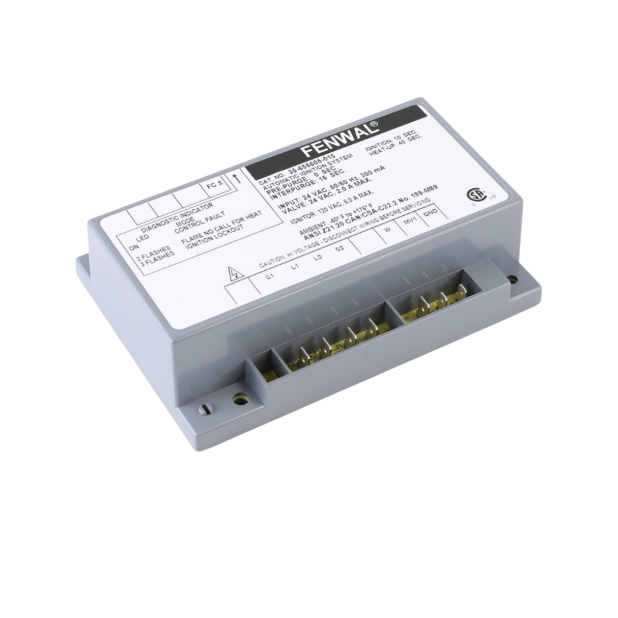 Fenwal 35-655605-015 24VAC, 0 Pre-Purge, 15s Inter-Purge, 10s Ignition Time, 40s Heat Up, HSI, Automatic Ignition System