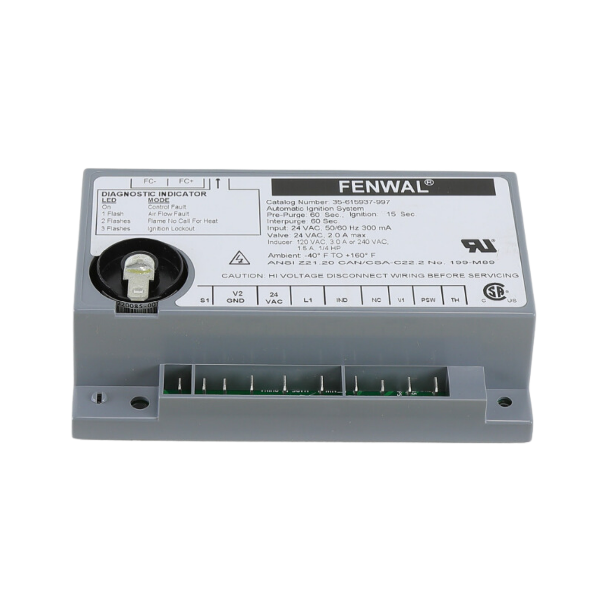 Fenwal 35-615937-997 24VAC, 60s Pre-Purge, 60s Inter-Purge, 15s Ignition Time, Automatic Ignition System with Inducer Relay EOM Captive Air