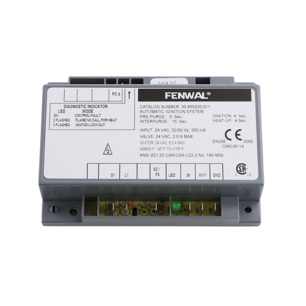 Fenwal 35-655205-011 24VAC, 0 Pre-Purge, 15s Inter-Purge, 4s Ignition Time, 4s Heat Up, Automatic Ignition System