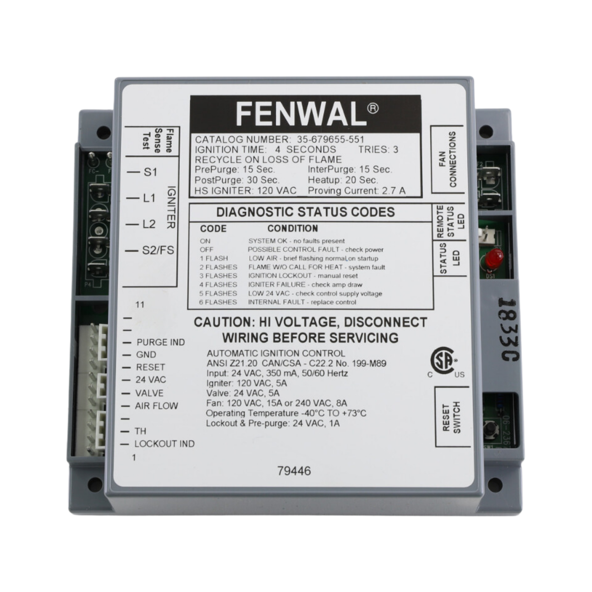 Fenwal 35-679655-551 24V, 15s Pre-Purge, 15s Inter-Purge, 20s Heat Up, Local Reset CSD-1 Compliant, Ignition Module Control