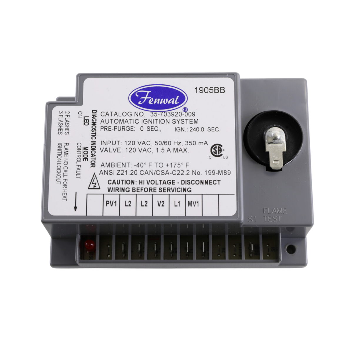 Fenwal 35-703920-009 120VAC, 0 Pre-Purge, 0 Inter-Purge, 240s Ignition Time, Special Direct, Spark Ignition Module