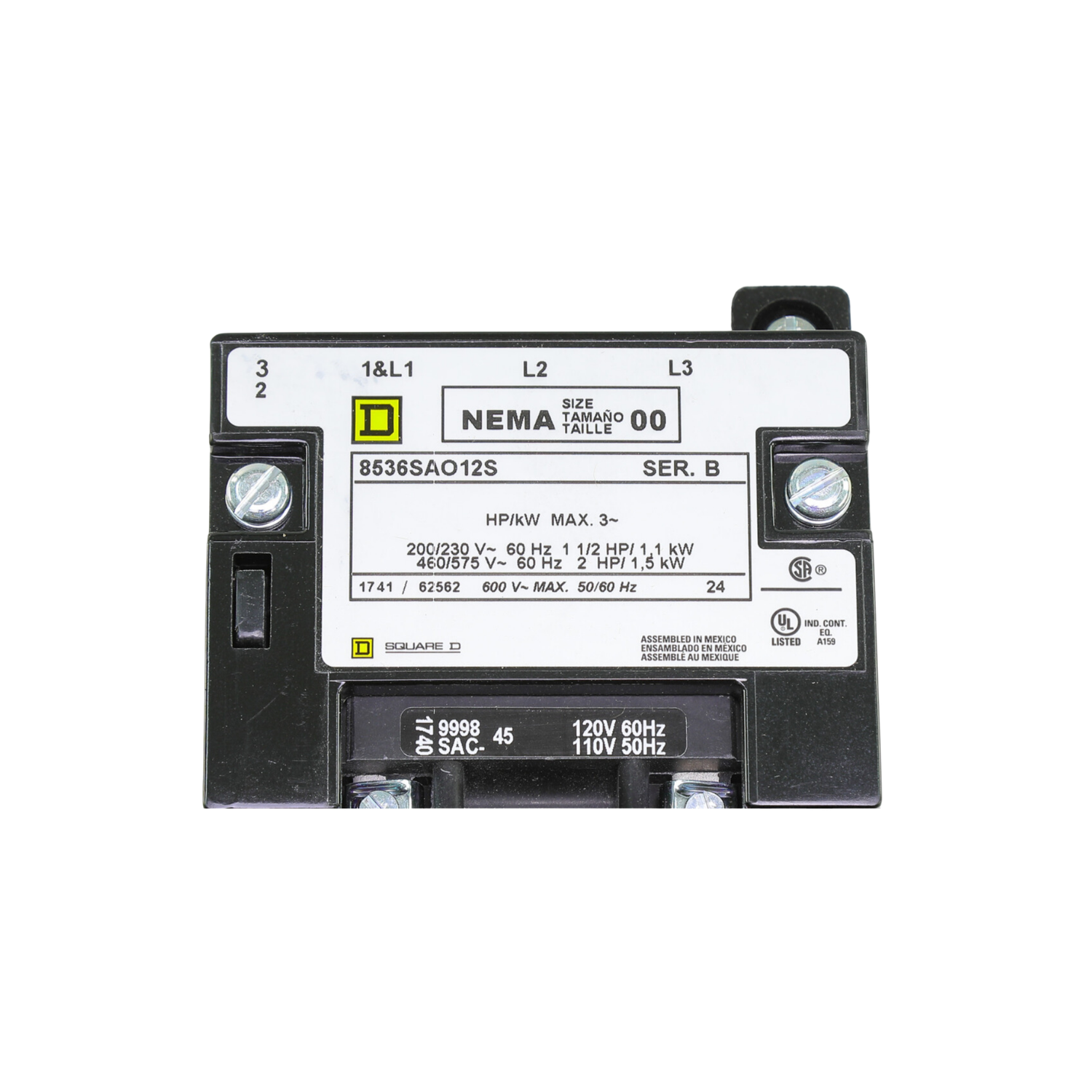 Schneider Electric (Square D) 8536SAO12V02S 110/120VAC, 50/60 Hz, 9A Continuous, 3 Pole, Polyphase AC Magnetic NEMA Electrical Motor Starter