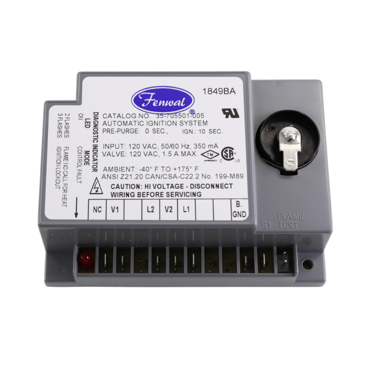 Fenwal 35-705501-005 120VAC, 0 Pre-Purge, 0 Inter-Purge, 10s Ignition Time, Automatic Ignition System
