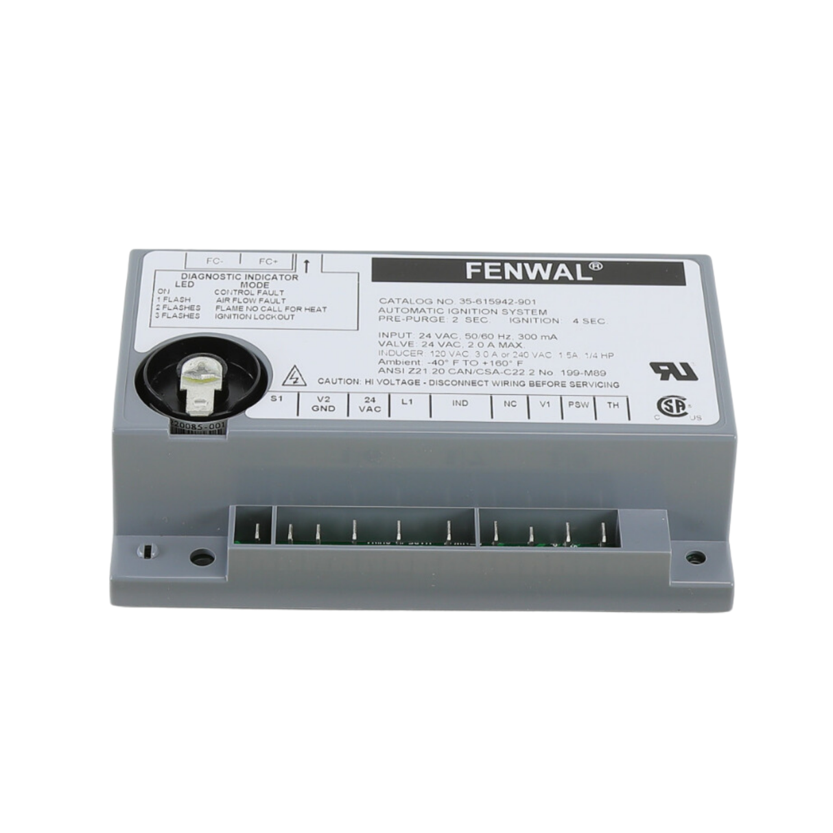 Fenwal 35-615942-901 24VAC, 2s Pre-Purge, 0 Inter-Purge, 4s Ignition Time, Ignition Module with LED