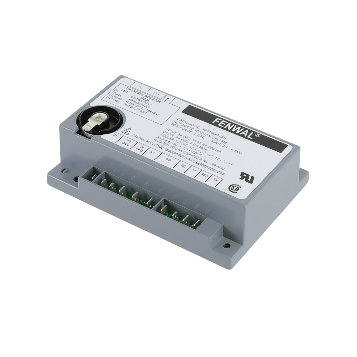 Fenwal 35-615942-901 24VAC, 2s Pre-Purge, 0 Inter-Purge, 4s Ignition Time, Ignition Module with LED