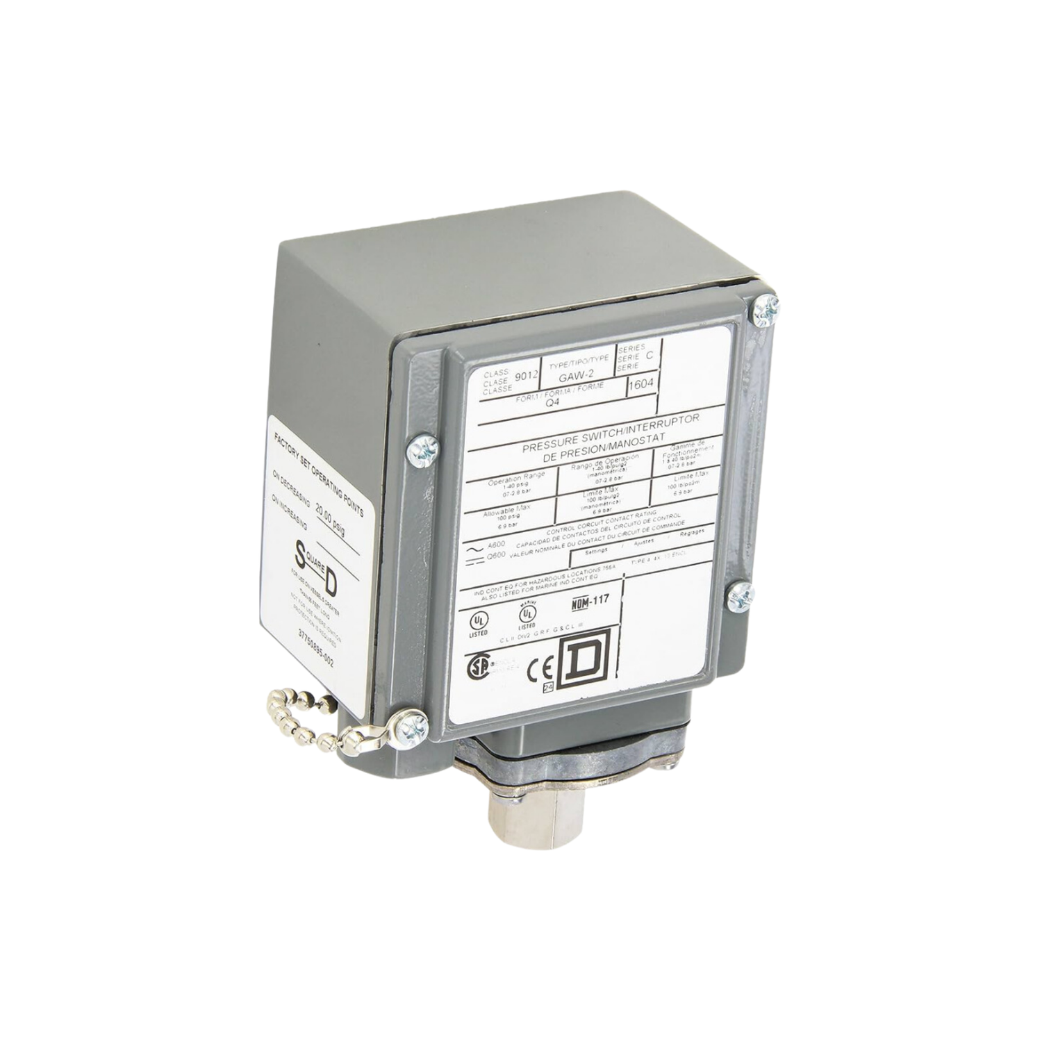 Schneider Electric (Square D) 9013FHG4J27M1X 40/100 PSI Range, 20 PSI Differential, Adjustable C/O, Pressure Switch