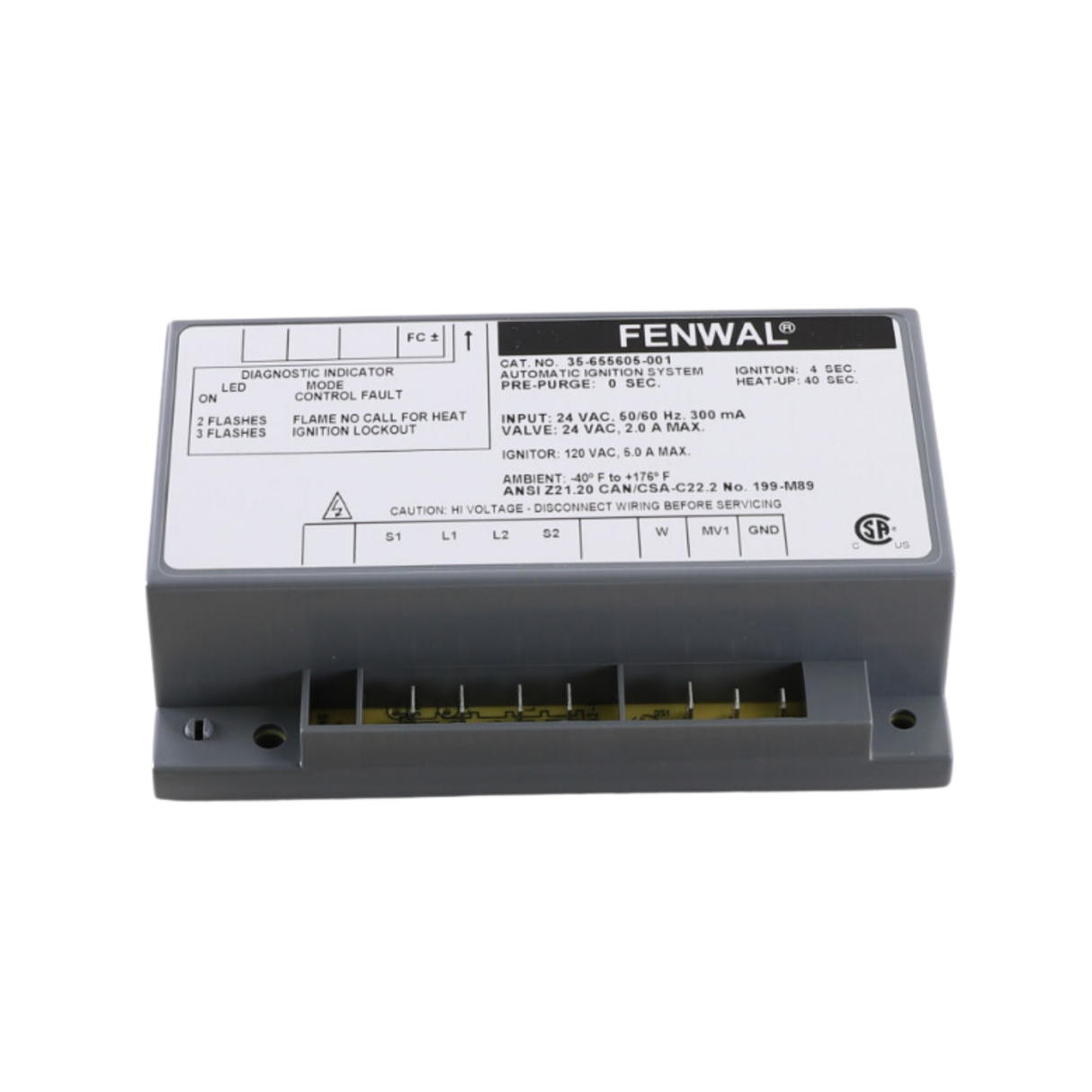 Fenwal 35-655605-001 24VAC, 0 Pre-Purge, 0 Inter-Purge, 5s Ignition Time, 40s Heat Up, Automatic Ignition System