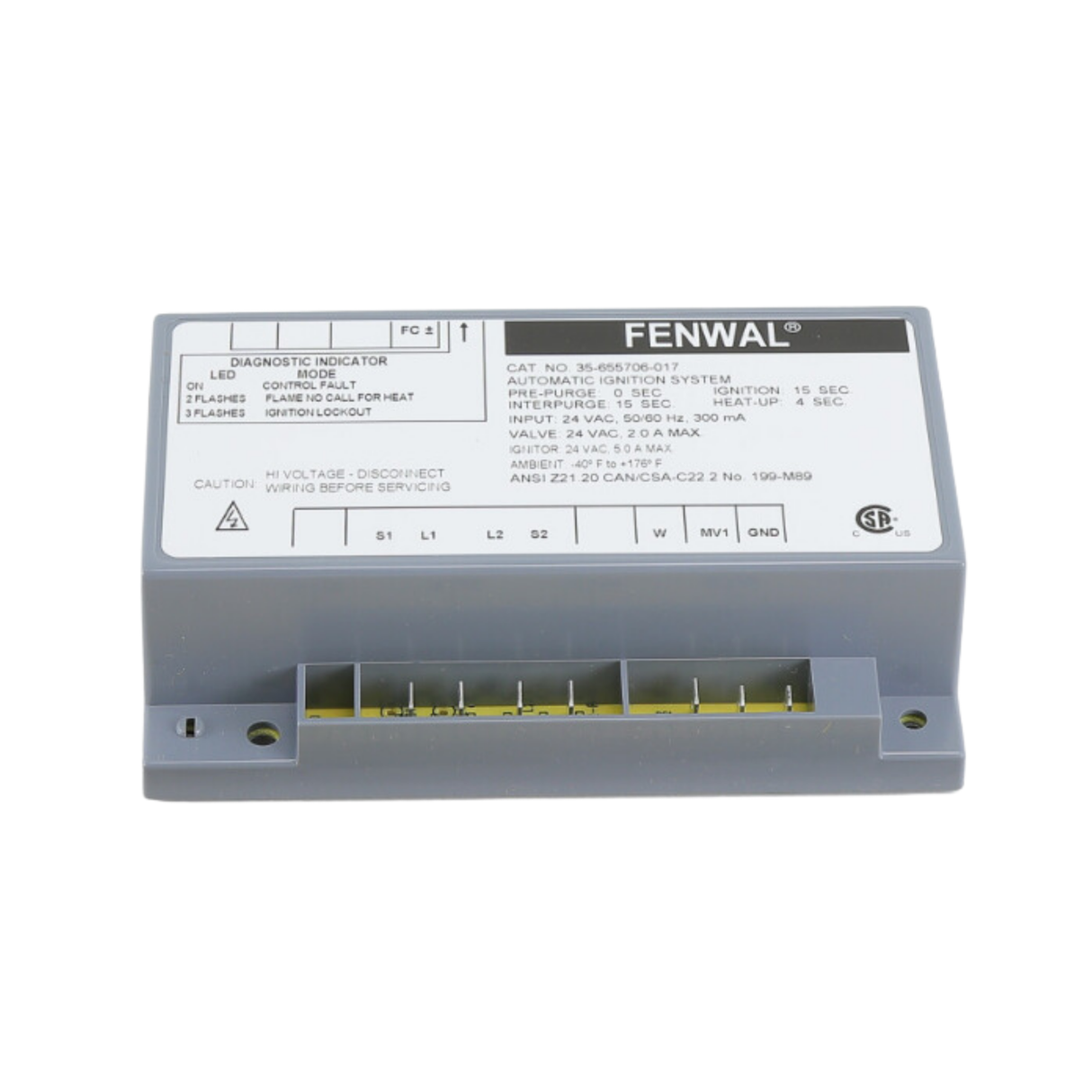 Fenwal 35-655706-017 24VAC, 0 Pre-Purge, 15s Inter-Purge, 25s Ignition Time, 4s Heat Up, Mini HSI, Automatic Ignition System