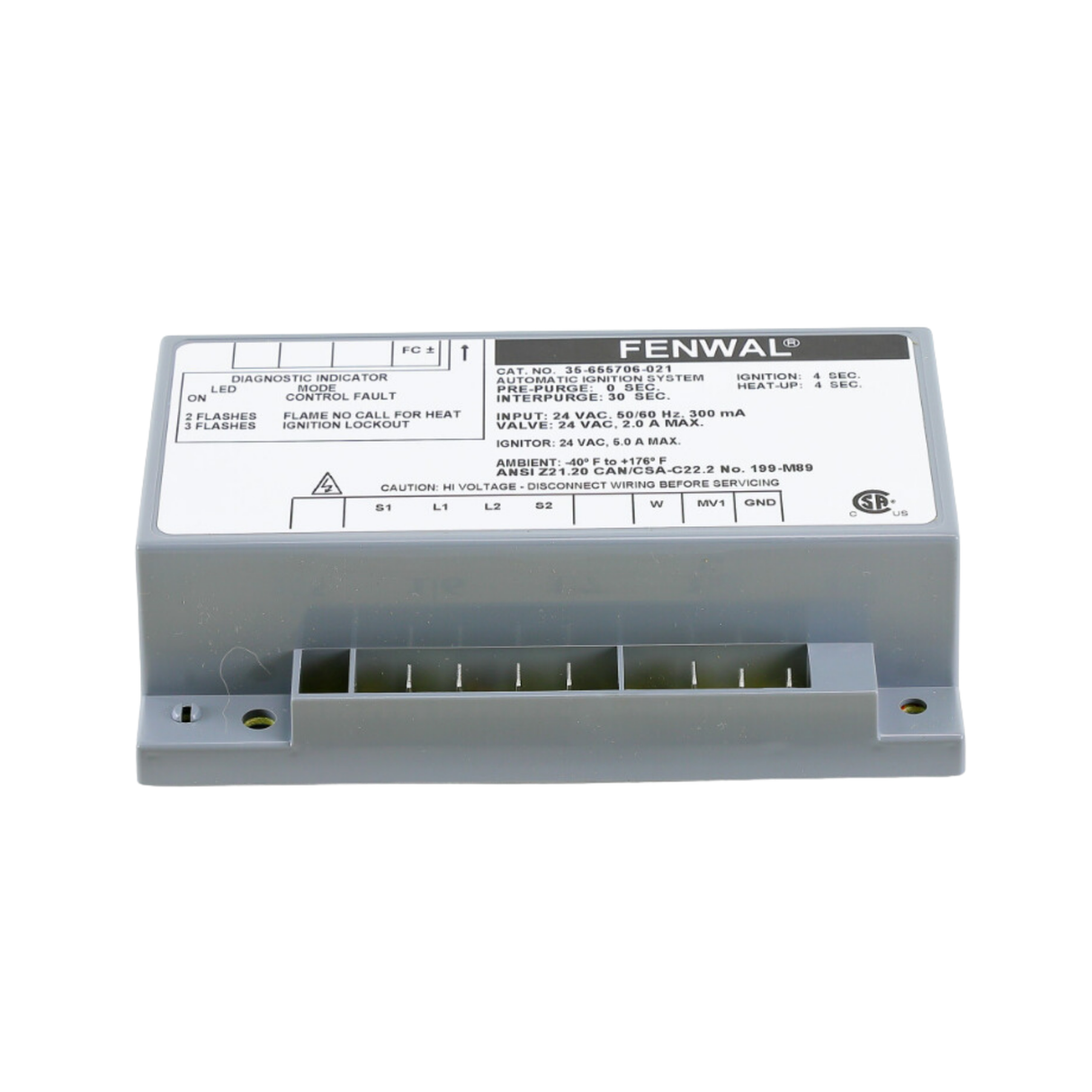 Fenwal 35-655706-021 24VAC, 0 Pre-Purge, 30s Inter-Purge, 4s Ignition Time, 4s Heat Up, Automatic Ignition System