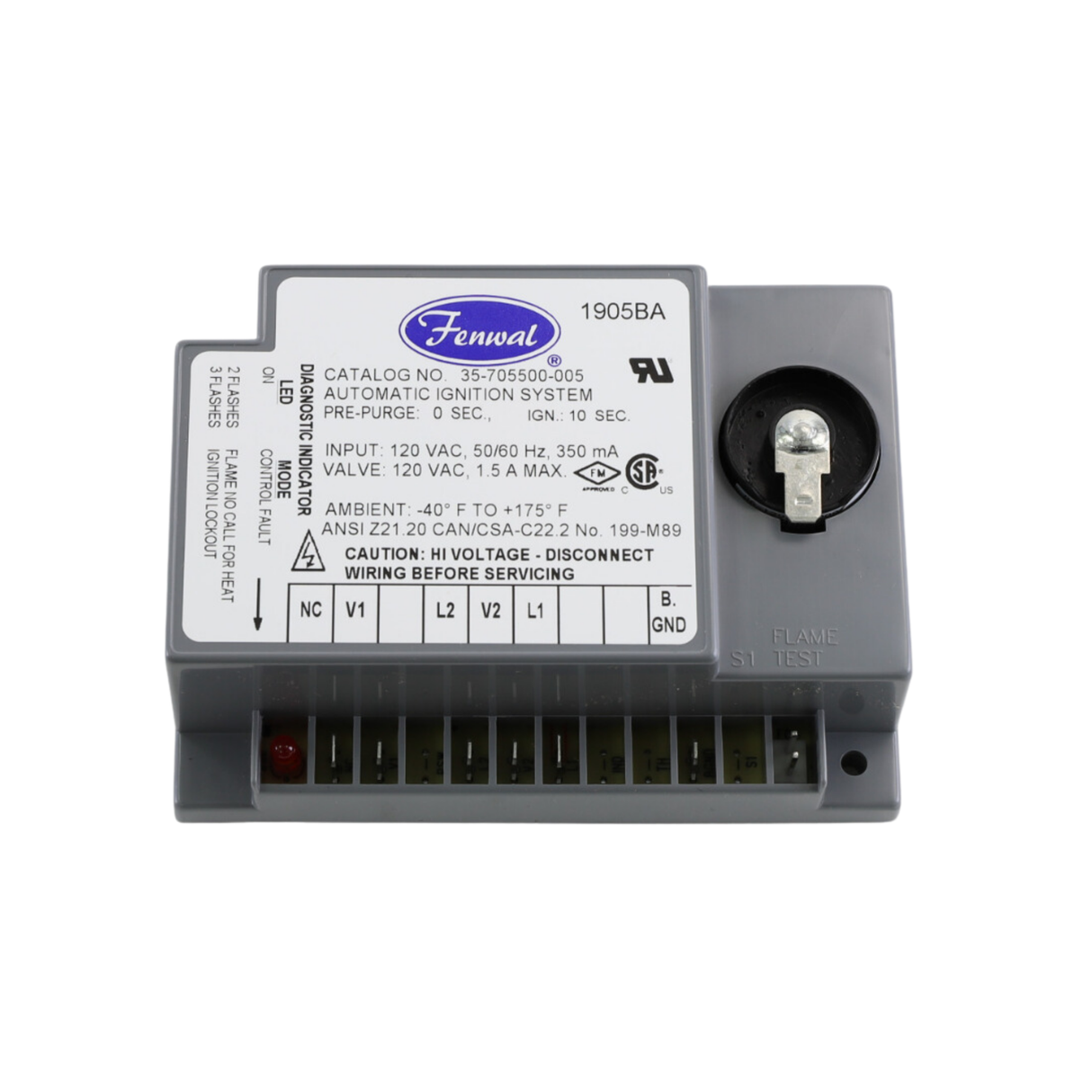 Fenwal 35-705500-005 120VAC, 0 Pre-Purge, 0 Inter-Purge, 10s Ignition Time, 0 Heat Up, Direct, Spark Ignition Module
