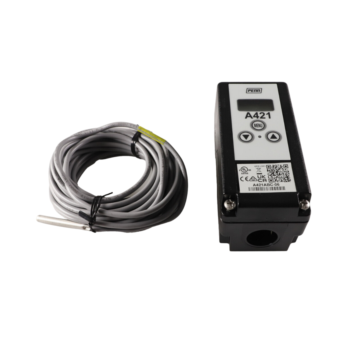 Johnson Controls A421ABC-06 120/240 VAC, Electronic, Front Panel LCD, Nema 1 Enclosure, Temperature Control with Temperature Sensor with 19.5' Cable, 2" Probe