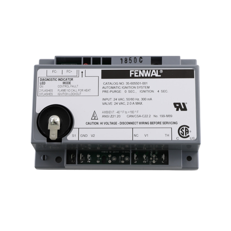 Fenwal 35-605501-001 24VAC, 0 Pre-Purge, 0 Inter-Purge, 4s Ignition Time, Direct, Spark Ignition Module