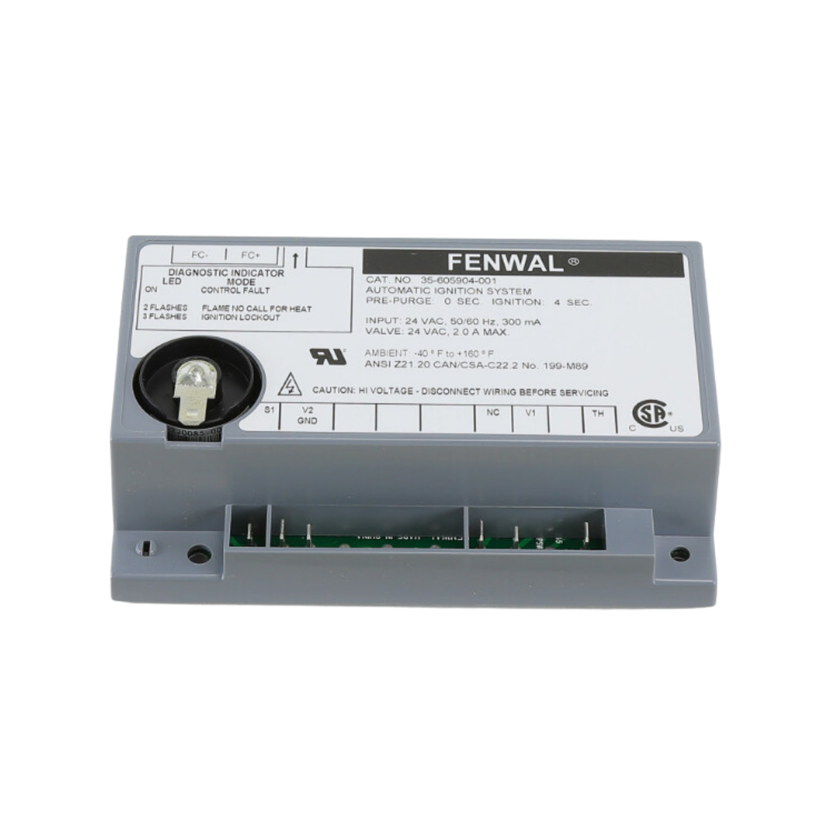 Fenwal 35-605904-001 24VAC, 0 Pre-Purge, 0 Inter-Purge, 4s Ignition Time, Special Heat and Glow, Direct Spark Ignition Module