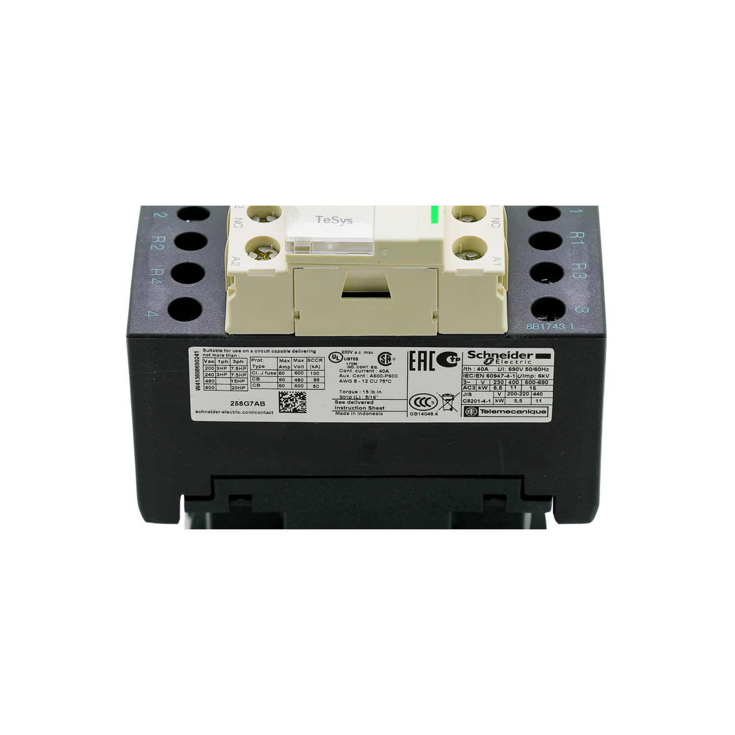 Schneider Electric (Square D) LC1D258G7 Non-Reversing Type with Screw Terminals, 120VAC Coil, 4 Pole, 25A, 2N/O 2N/C Electrical Contactor