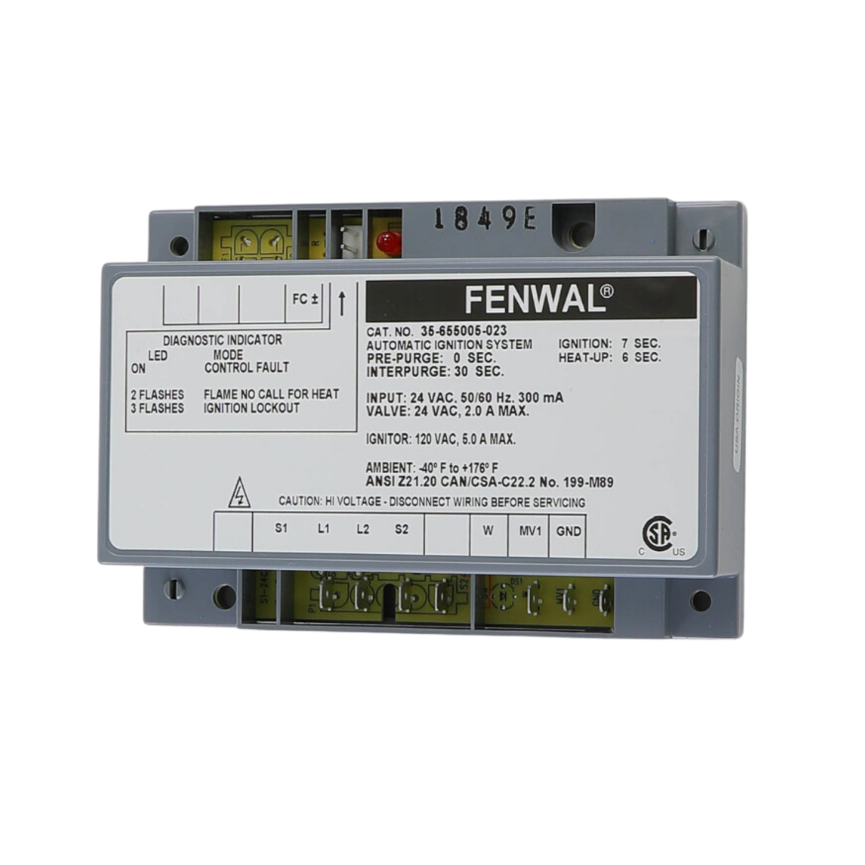 Fenwal 35-655005-023 24VAC, 0 Pre-Purge, 30s Inter-Purge, 7s Ignition Time, 6s Heat Up, Ignition Control Board