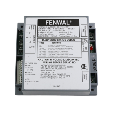 Fenwal 35-679652-551 24VAC, 15s Pre-Purge, 0 Inter-Purge, 20s Heat Up, Lock out on Loss of Flame, Ignition Control