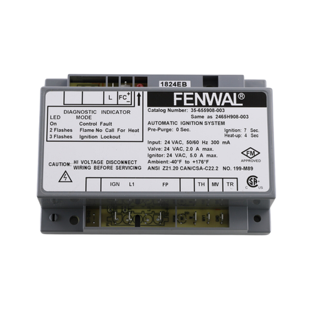 Fenwal 35-655908-003 24VAC, 0 Pre-Purge, 0 Inter-Purge, 7s Ignition Time, 4s Heat Up, HSI, Automatic Ignition System