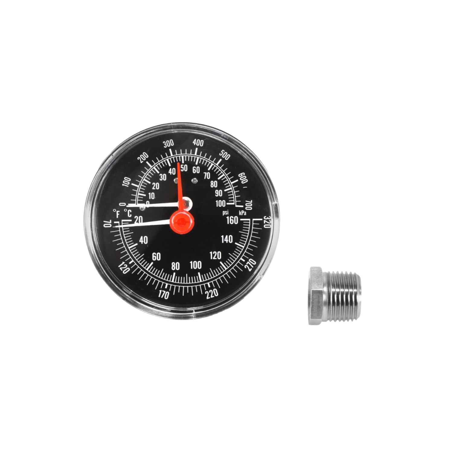 Weil McLain 380-000-000 0/75 PSI Range, 60/360 Fahrenheit, Temperature and Pressure Gauge
