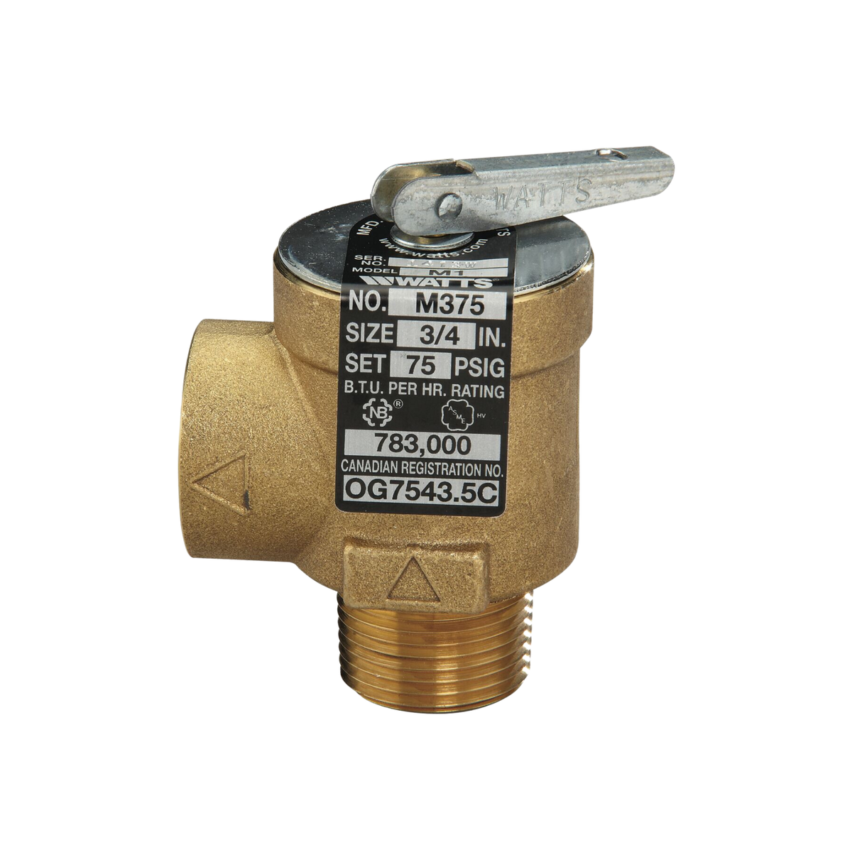 Watts 0360281 3/4" Male NPT x 3/4" Female NPT 75 PSI Brass Boiler Pressure Relief Valve