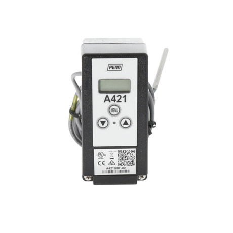 Johnson Controls A421GBF-02 24 VAC, Surface Mounting, Front Panel LCD, Nema 1, Electronic, Temperature Control with Temperature Sensor with 6.6' Cable Lead