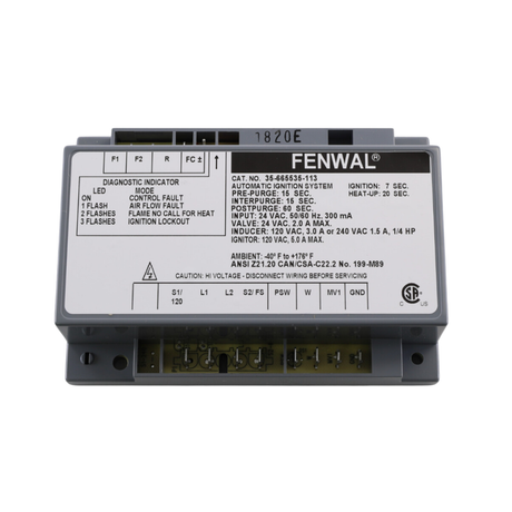 Fenwal 35-665535-113 120/240VAC, 15s Pre-Purge, 15s Inter-Purge, 7s Ignition Time, 20s Heat Up, HSI, Automatic Ignition System