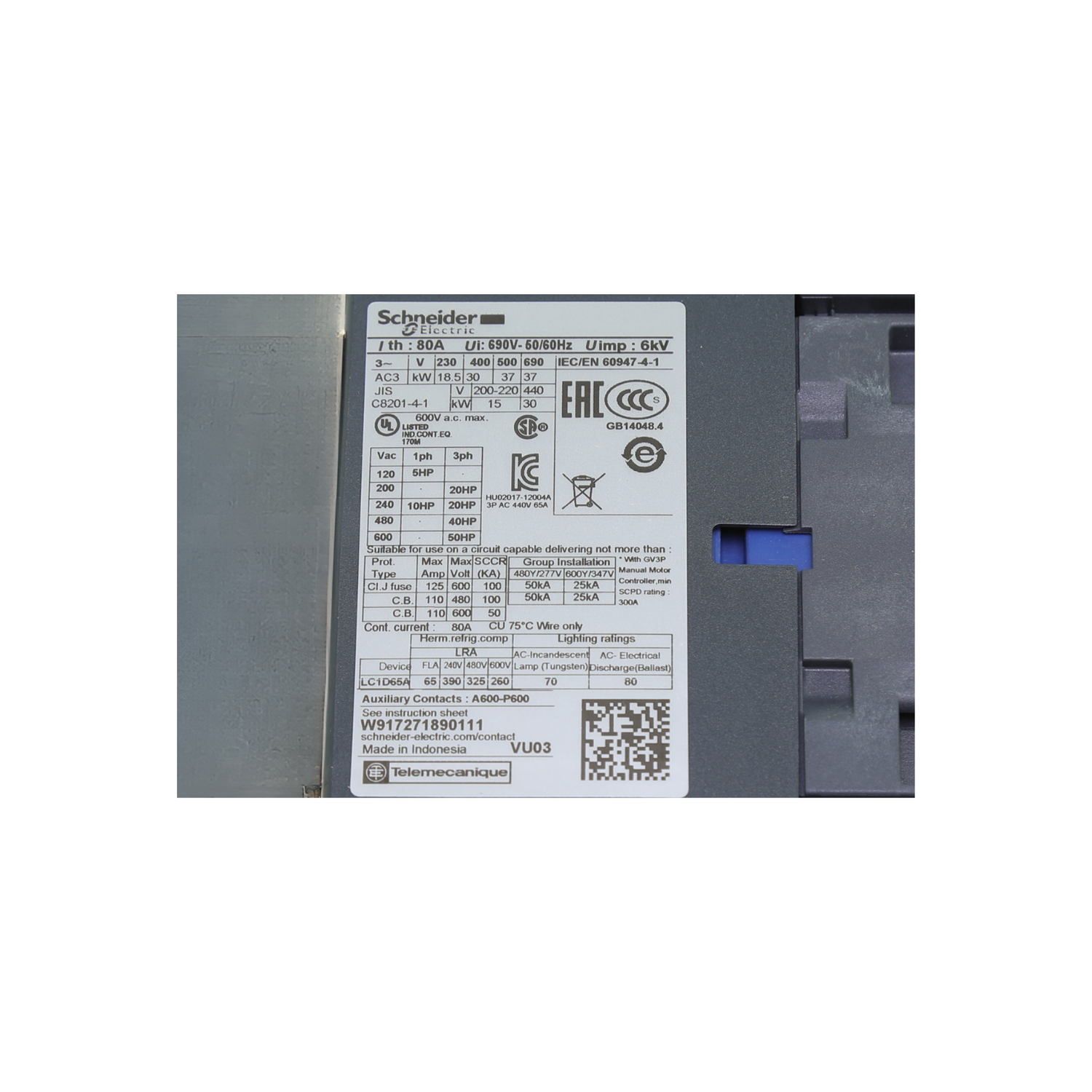 Schneider Electric (Square D) LC1D65AB7 Non-Reversing Type with Screw Terminals, 24VAC Coil, 3 Pole, 65A, Electrical Contactor