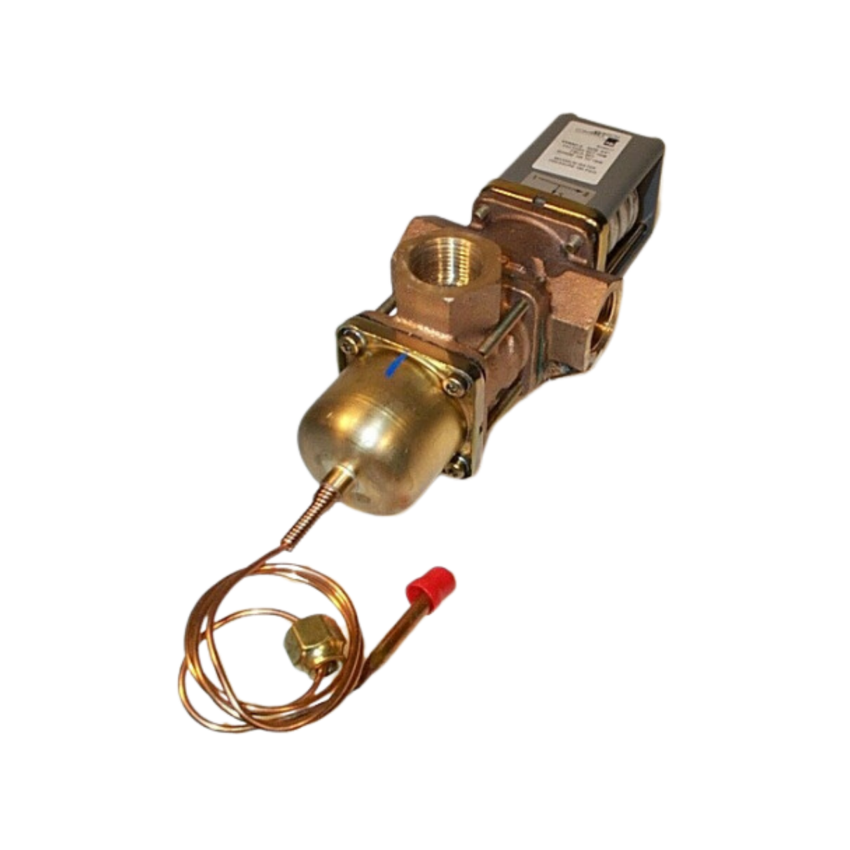 Johnson Controls V48AC-2 3/4" NPT Opening Point Diameter, Cast Brass, 3 Way Pressure Actuated, Water Regulating Valve with 30" Capillary with 1/4" Flare Nut (Style 45) Pressure Element