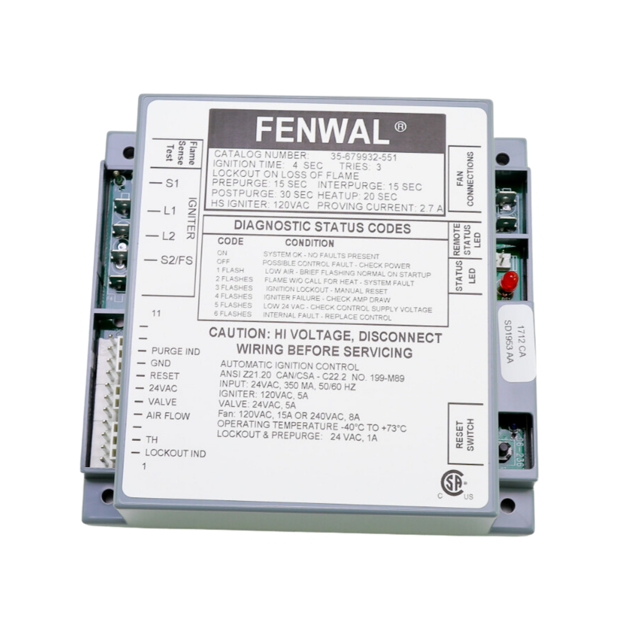 Fenwal 35-679932-551 24VAC, 15s Pre-Purge, 15s Inter-Purge, 0 Ignition Time, 20s Heat Up, Ignition Control