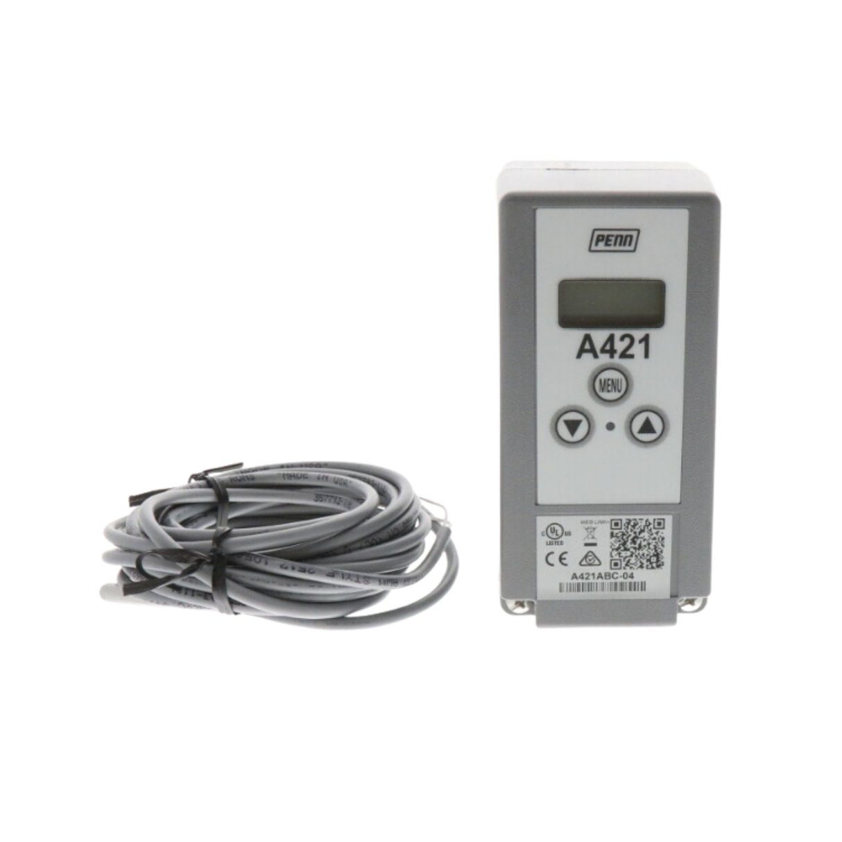 Johnson Controls A421ABC-04 120/240 VAC, Electronic, Front Panel LCD, Nema 1 Enclosure, Temperature Control with Temperature Sensor with 13.1' Cable, 2" Probe