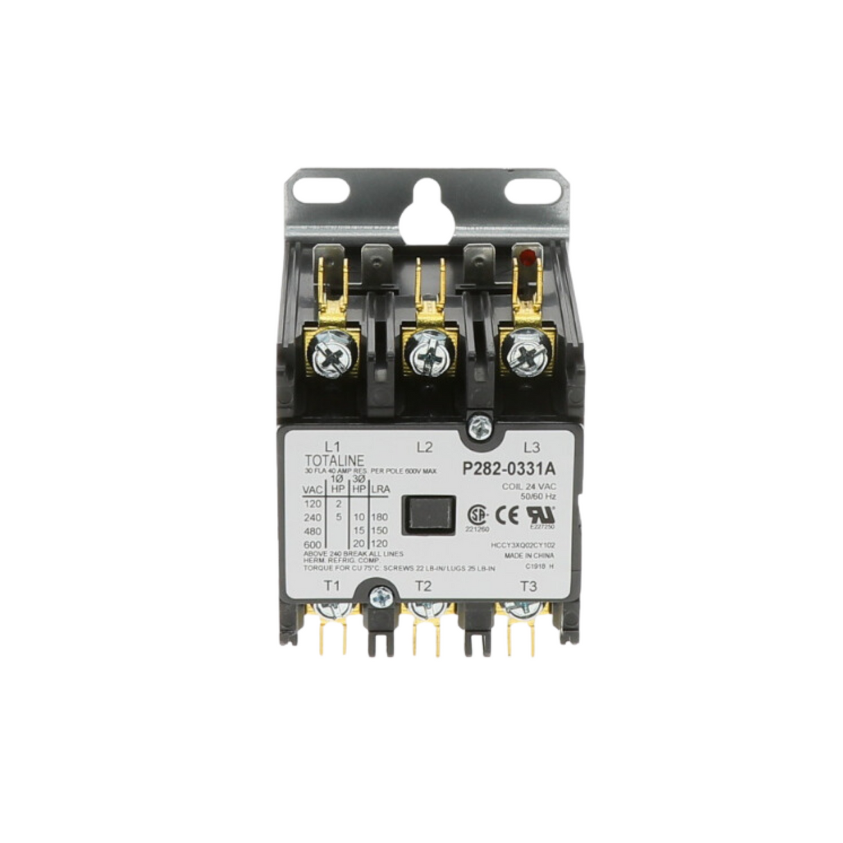 Carrier P282-0331A 30 Amps, 50/60 Hz, 3 Poles, 24 VAC Coil Voltage, Definite Purpose Contactor with Screw Terminals