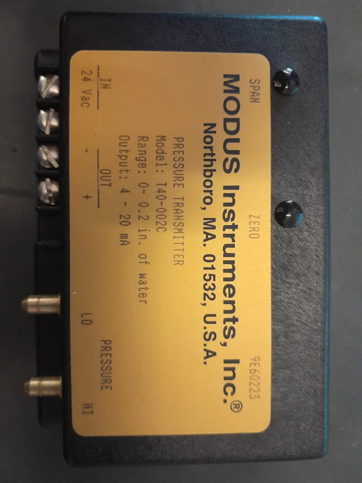 Modus Instruments, Inc T40-020C - Pressure Transmitter, 0-0.2WC, 4-20mA, 24V