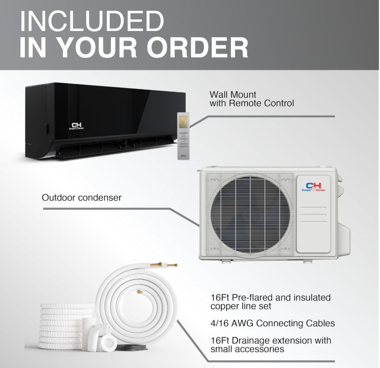 Cooper & Hunter, Olivia Series Midnight Edition, 24,000 BTU, 2 Ton, 230V, 23.5 SEER2, Ductless Mini Split AC/Heater with Installation kit