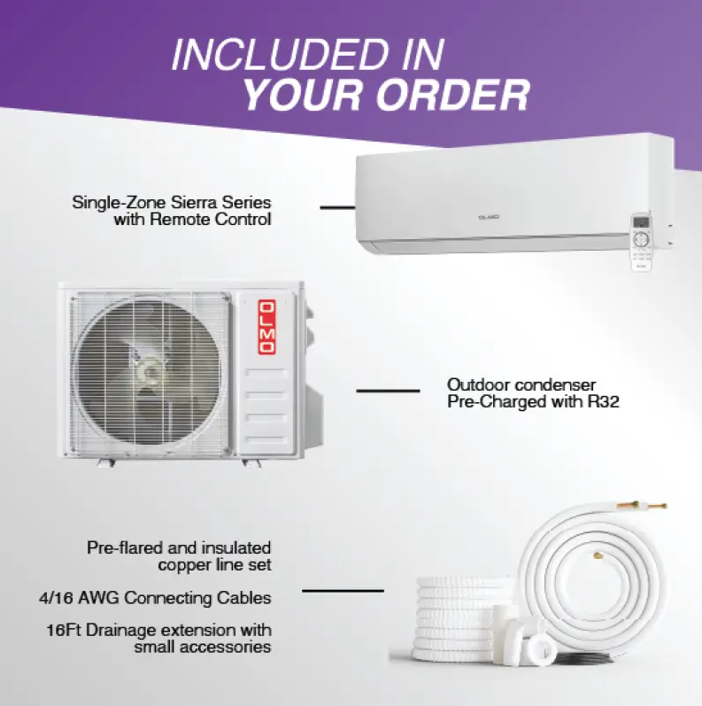 OLMO Sierra Series, R32 Mini Split, 24,000 BTU 230V Single Zone 2 Ton High Wall Air Conditioner and Heat Pump, Ductless Inverter System, 19.5 SEER Single Head, with WI-FI and 16FT Installation Kit Included