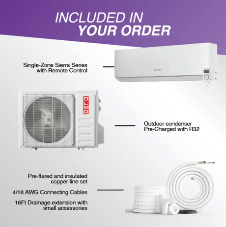 OLMO Sierra Series, R32 Mini Split, 36,000 BTU 230V Single Zone 3 Ton High Wall Air Conditioner and Heat Pump, Ductless Inverter System, 20 SEER Single Head, with WI - FI and 16FT Installation Kit Included